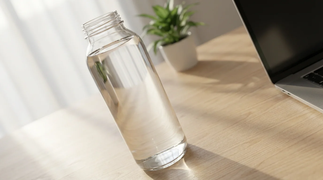 A full glass water bottle strategically placed on a clean wooden desk under soft morning light.