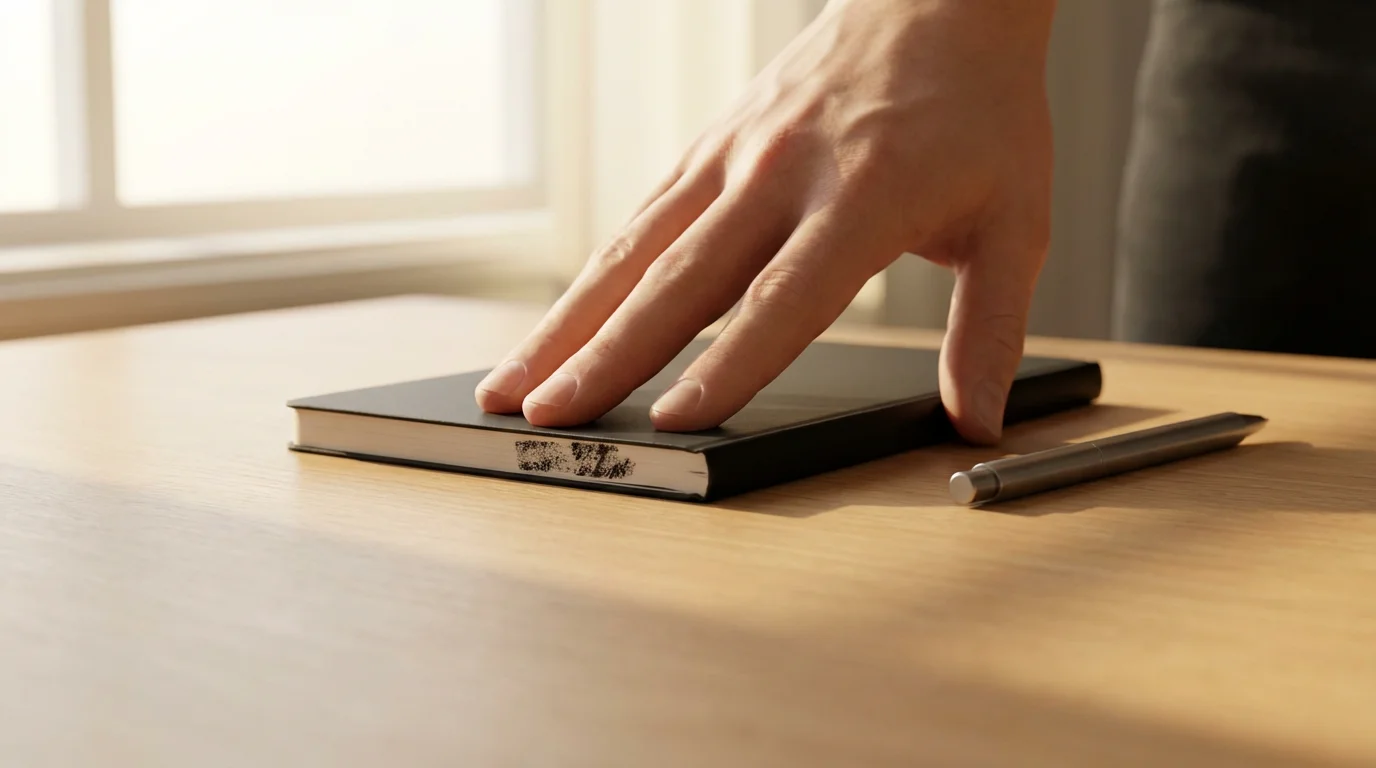 A hand closing a thin black notebook on a light wood desk in soft morning light.