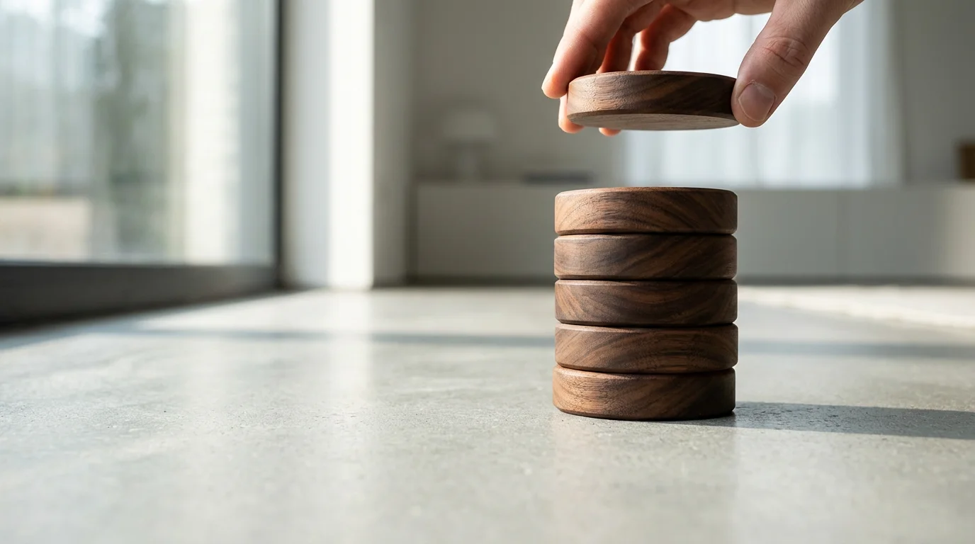A hand placing a small wooden disc onto a stack of similar discs on a clean surface.