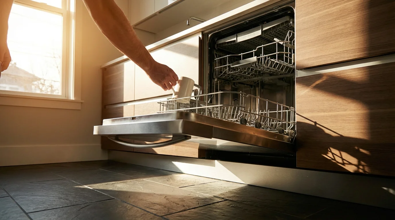 A hand quickly places a white coffee mug into a dishwasher rack, emphasized by dramatic shadows.