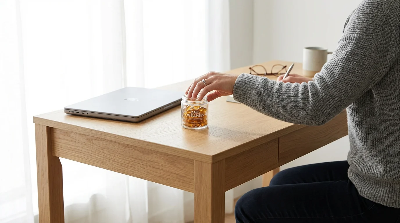 A hand reaches for supplements next to a closed laptop on a minimalist desk, illustrating habit stacking.