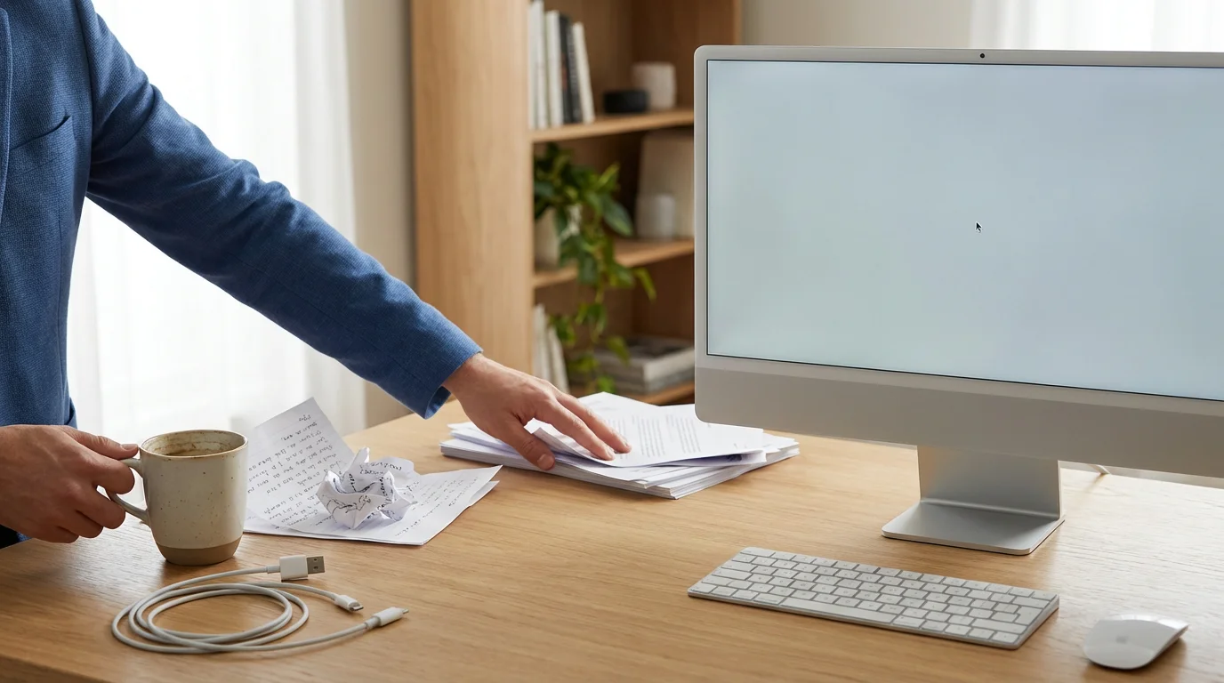 A hand sweeping physical clutter away from a clean desk with an organized, minimalist computer screen.