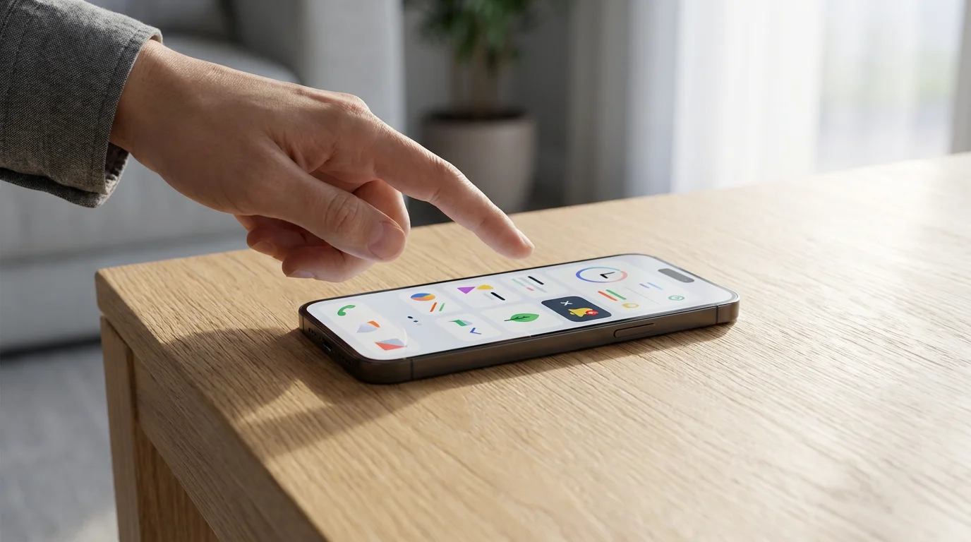 A hand taps a smartphone screen to configure digital focus modes under natural window light.