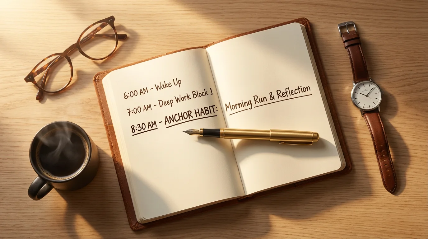 A high-angle photo of an open journal, pen, coffee mug, and watch during golden hour, illustrating daily routines.