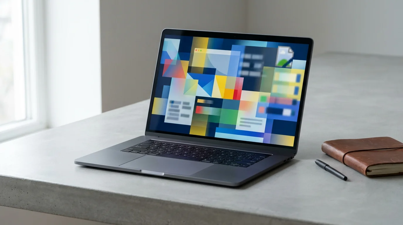 A laptop screen displays chaotic, overwhelming overlapping productivity apps next to a simple, closed notebook.