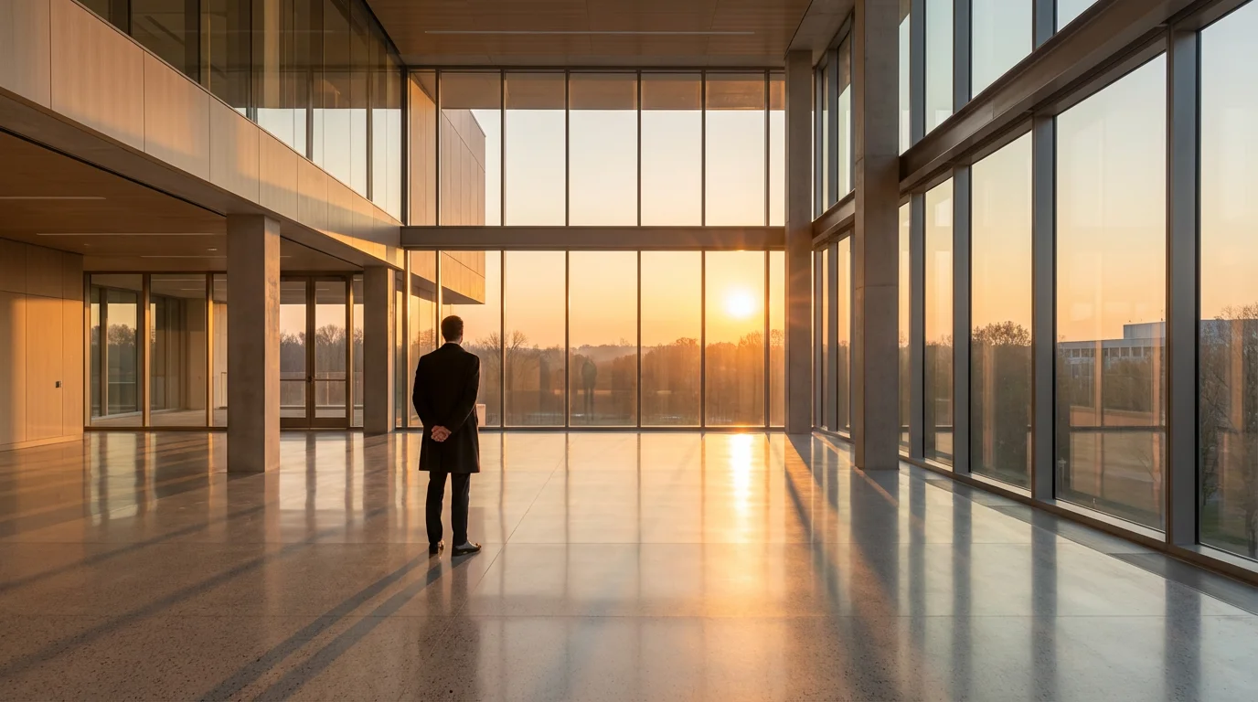 A lone person reflecting in a vast, modern, sunlit hall, symbolizing seeking professional guidance.