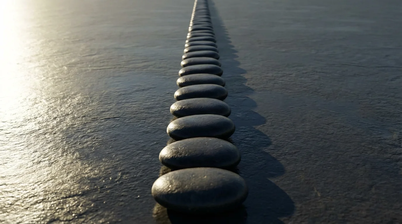 A long chain of dark polished stones casting dramatic shadows on a slate surface.