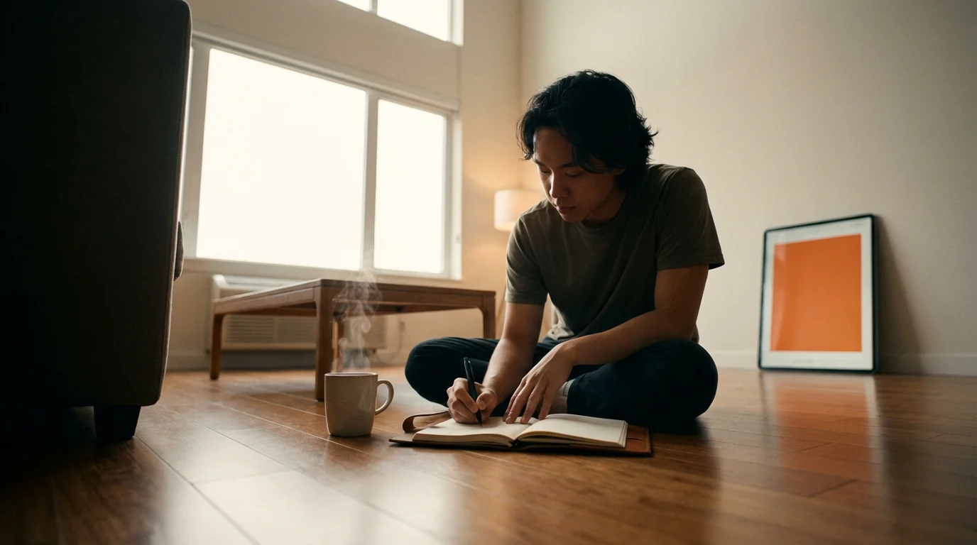 A low angle photo of a person journaling in soft morning light, setting the tone for their day.