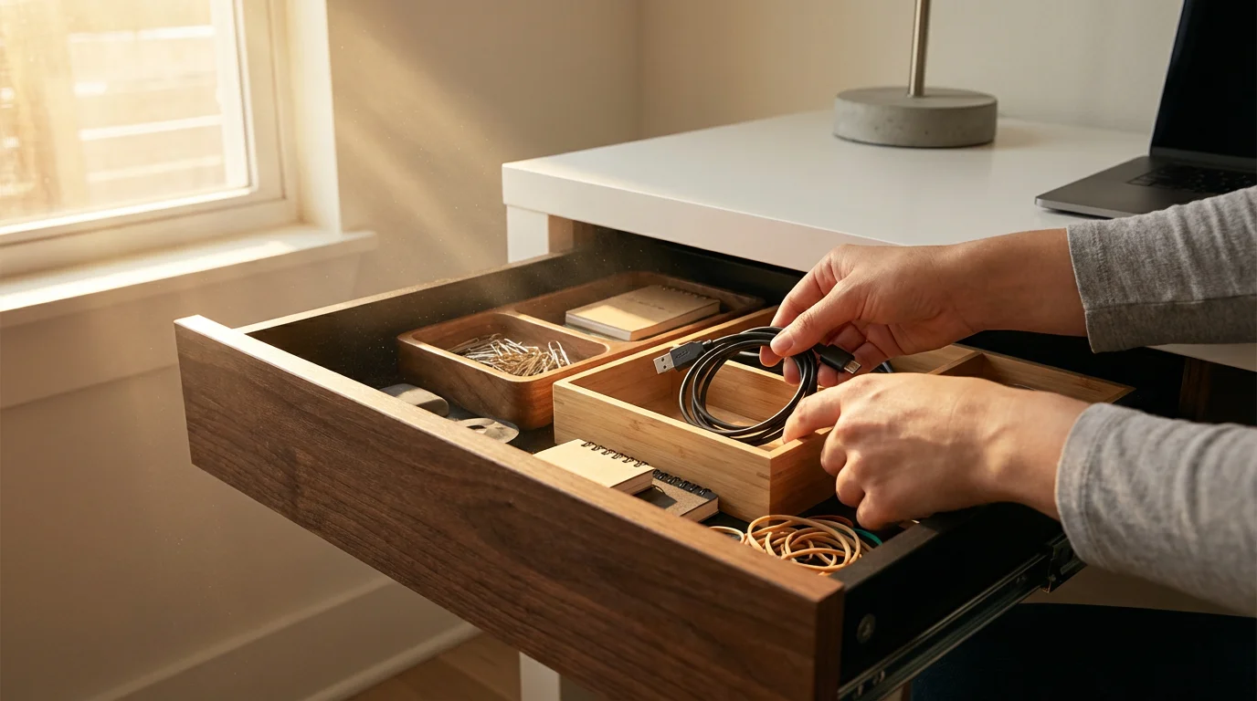A low angle photograph capturing hands organizing a cluttered drawer with wooden dividers in warm golden hour light.