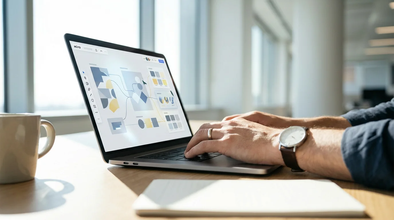 A low angle shot of a facilitator preparing a digital whiteboard on a laptop before a hybrid meeting.