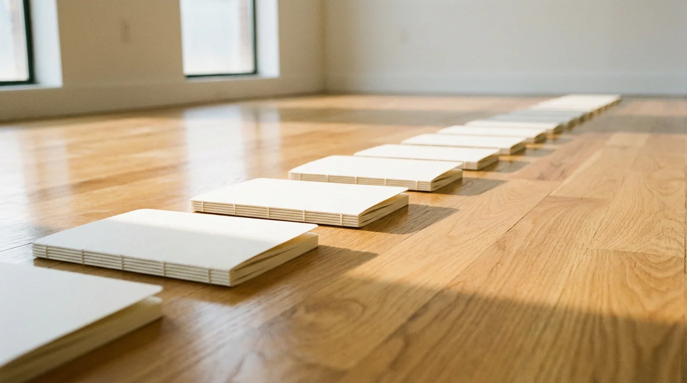 A low angle view of identical white notebooks lined up, symbolizing building consistent habits.