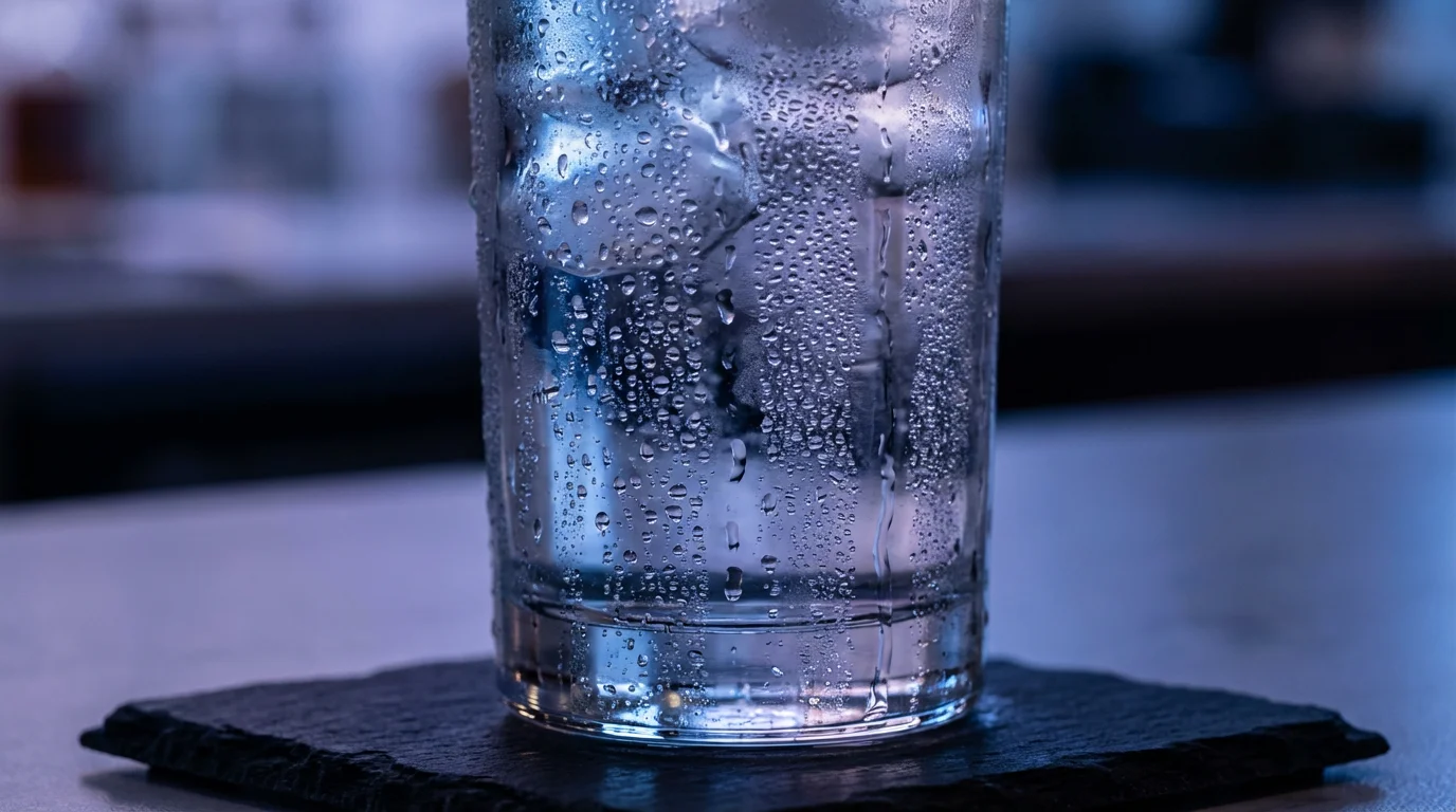 A macro photograph of intense condensation on a chilled glass of ice water in blue hour lighting.