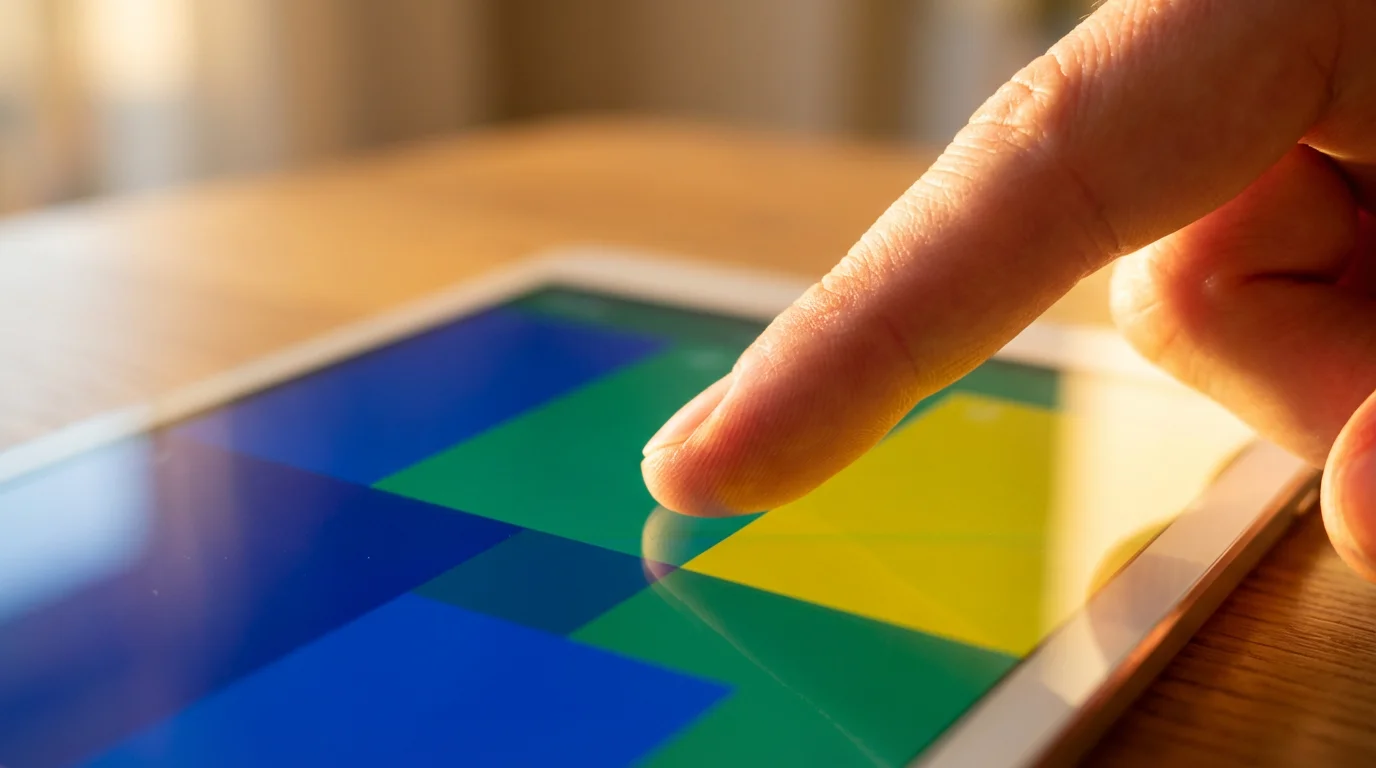 A macro shot of a finger adjusting vibrant color-coded time blocks on a digital calendar screen.