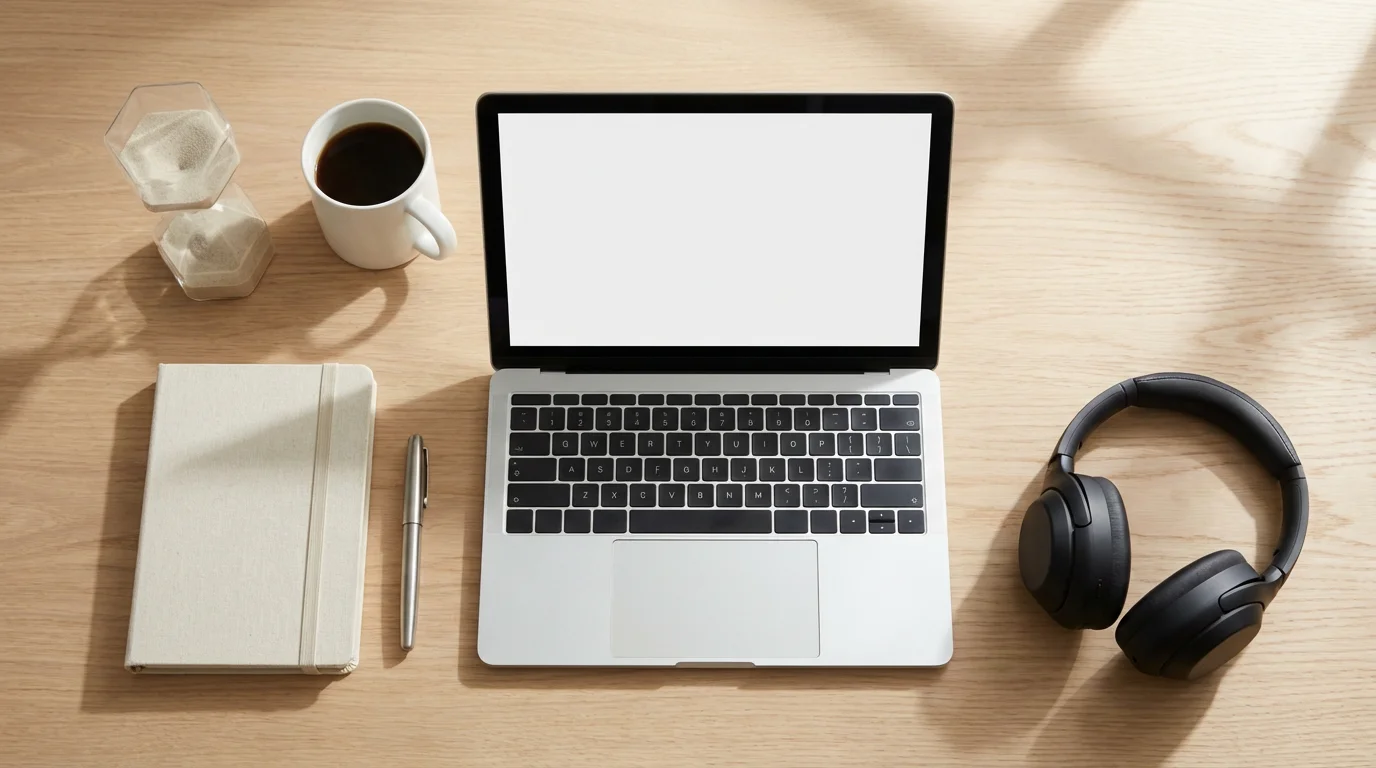 A minimalist flat lay photograph of a deep work ritual setup with a laptop, journal, and noise-canceling headphones.