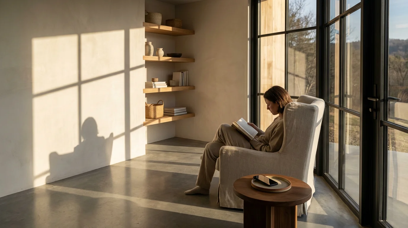 A minimalist home sanctuary with strong shadows, featuring a person reading a physical book.