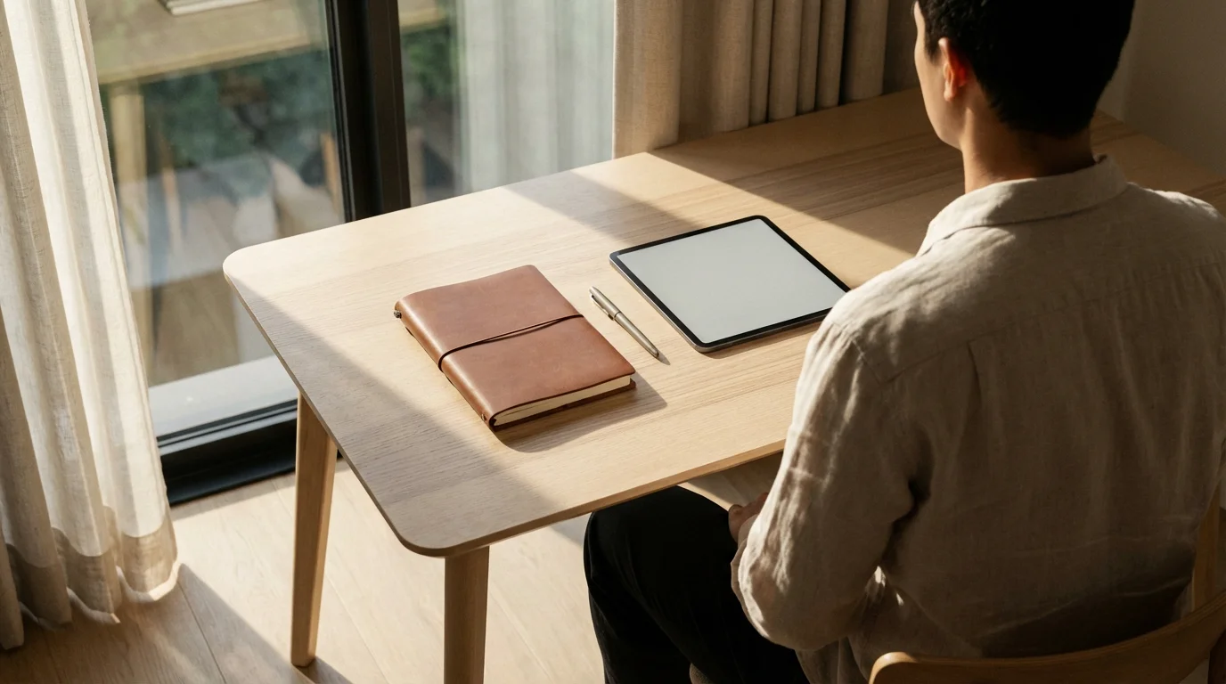 A person arranging a notebook and tablet on a desk for a morning focus ritual in natural light.