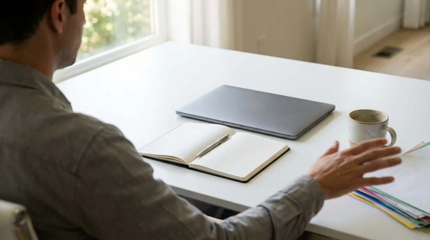 A person clearing colorful clutter from a clean, white desk before starting focused work.