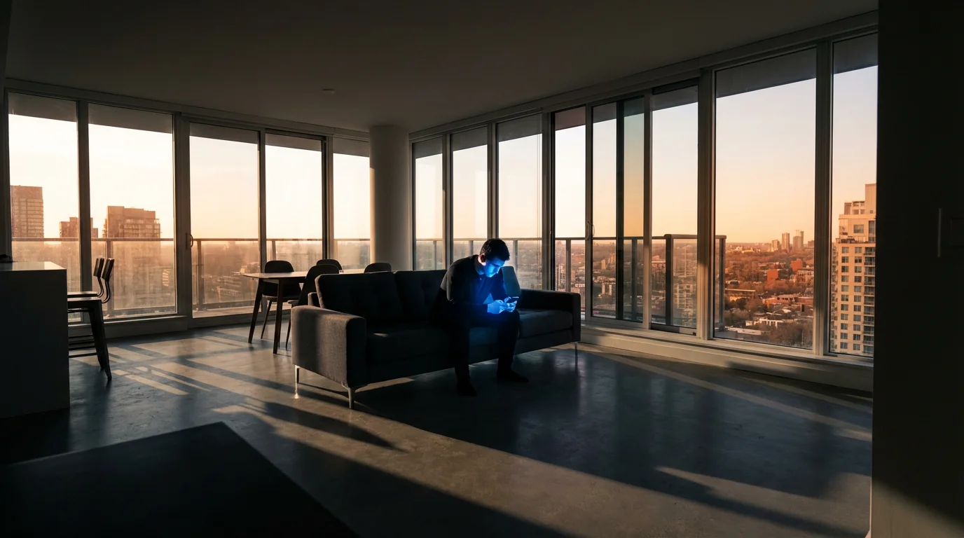 A person completely engrossed in a glowing smartphone screen in a dark, moody apartment.
