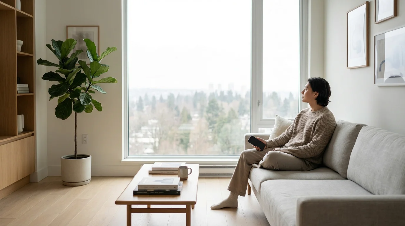 A person consciously pauses while holding a smartphone, looking away toward a bright window.