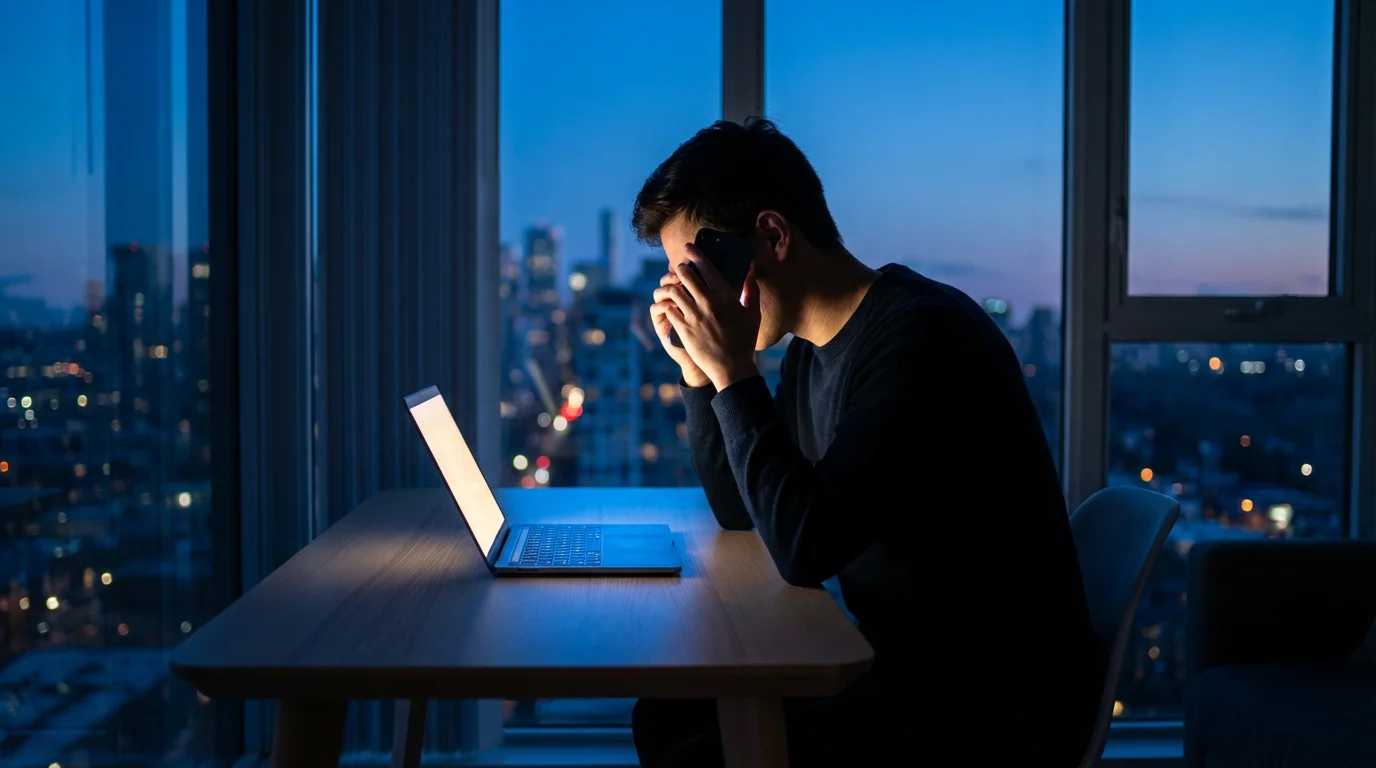 A person focused intensely on glowing phone and laptop screens during cool blue hour lighting.