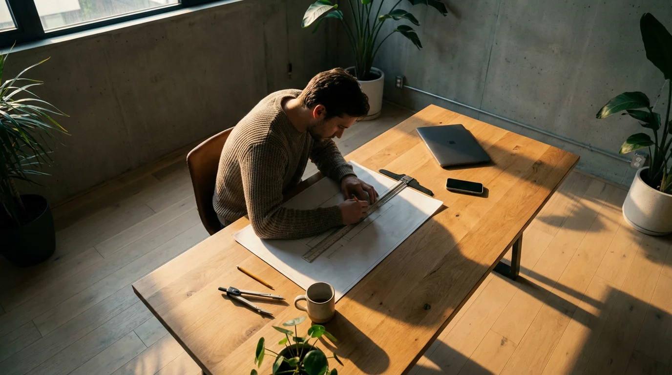 A person focused intensely on technical drafting work at a clean desk, ignoring nearby digital devices.