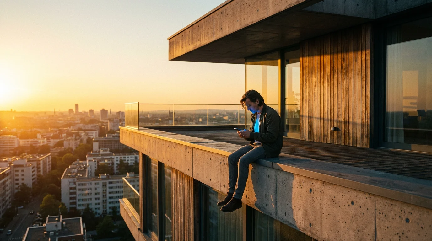 A person ignoring a scenic golden hour city view while fixated on a smartphone.