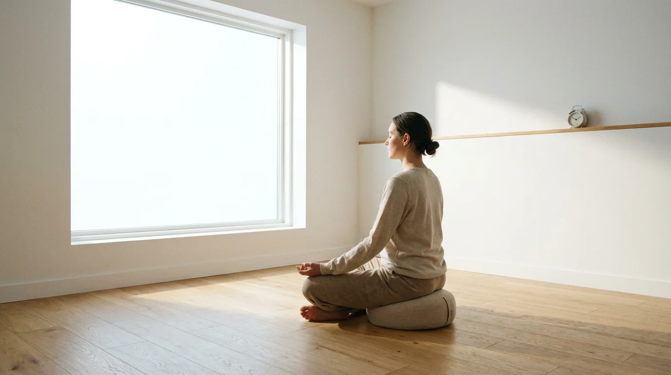 A person meditating in a sunlit, minimalist room during a screen-free morning routine.