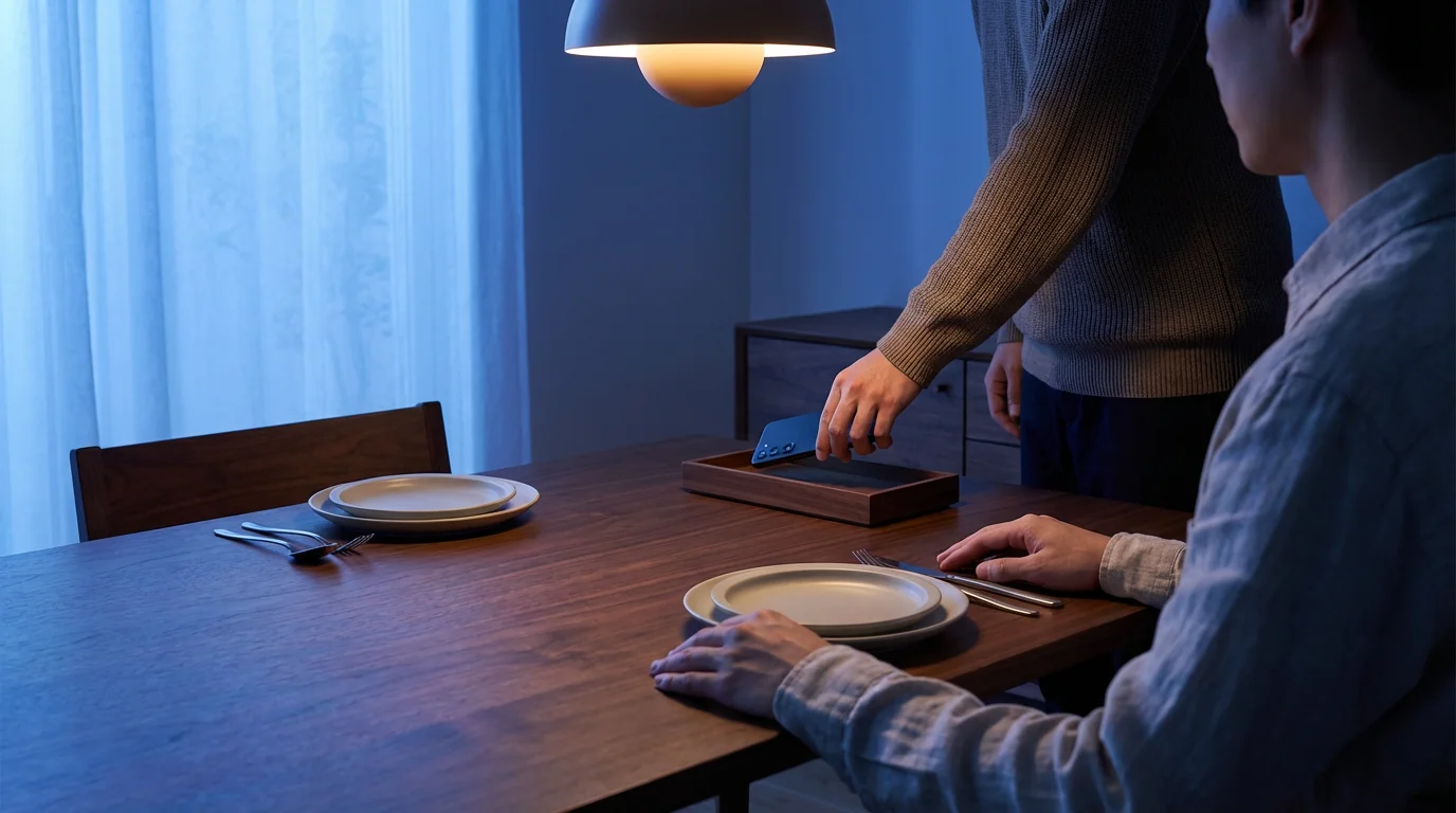 A person places their smartphone into a box before dinner, establishing a screen-free zone.