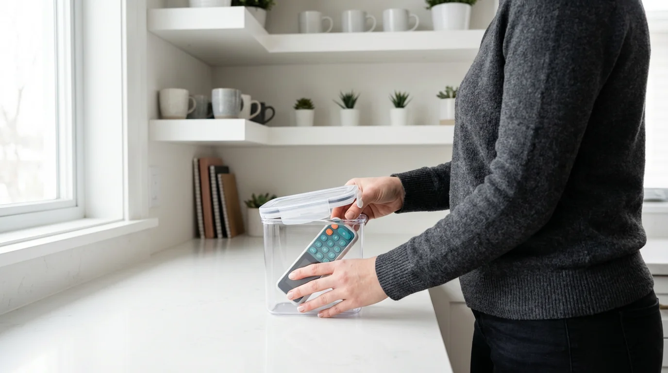A person placing a device into a clear container on a shelf to create friction against a bad habit.