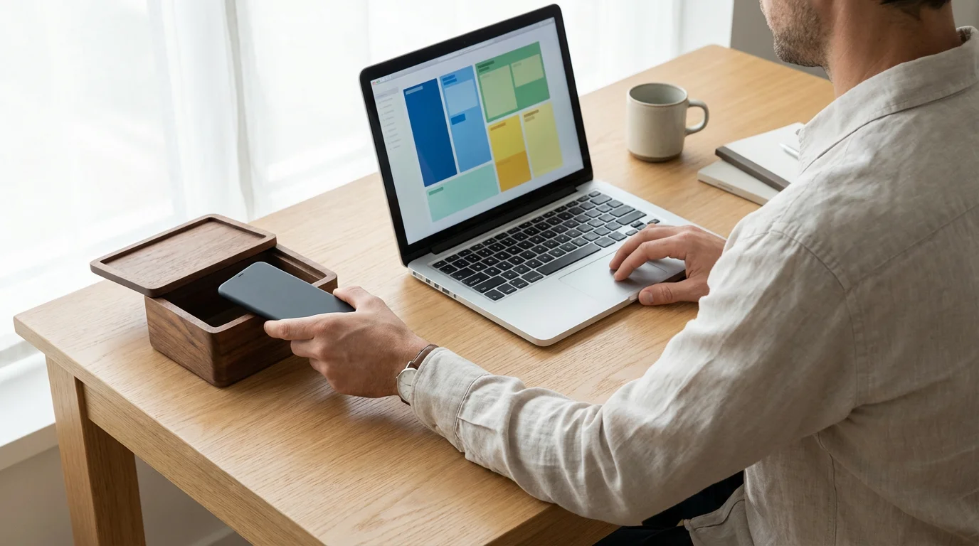 A person placing a smartphone into a wooden box on a clean desk to minimize distraction and improve focus.