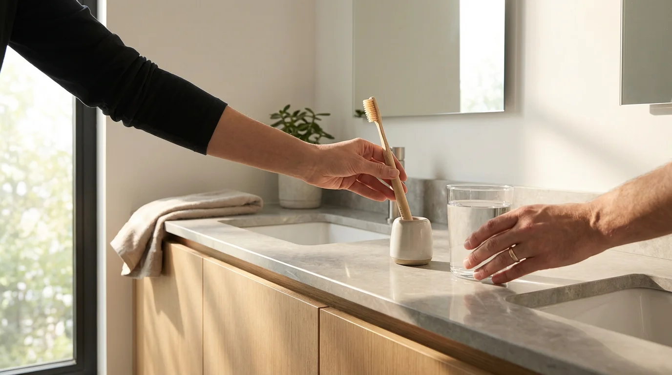 A person reaching for a glass of water after brushing teeth in a modern, sunlit bathroom.
