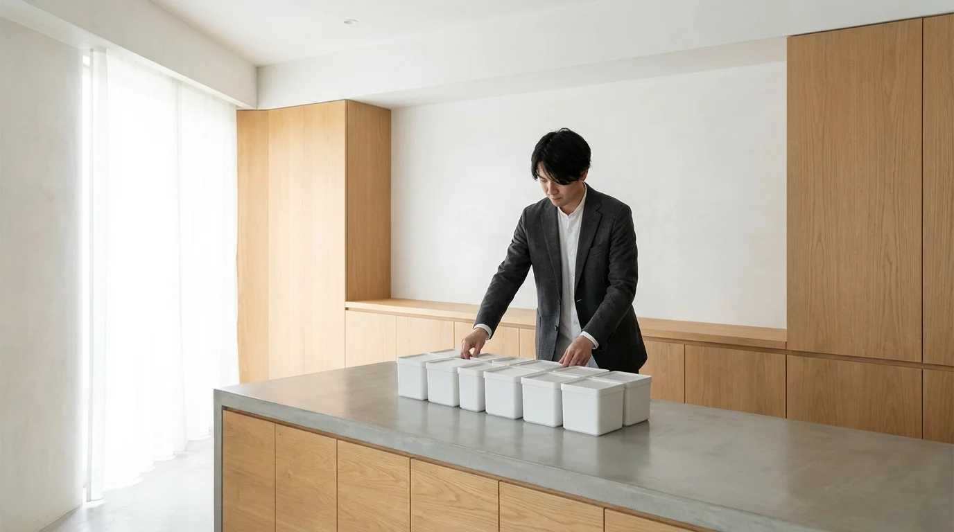 A person setting up small, modular organizational storage bins in a bright, minimalist home environment.