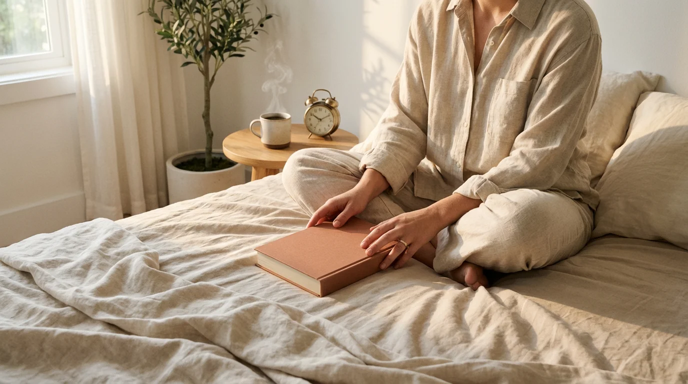 A person sitting on a bed holding a book, focused on a tech-free winding down routine.