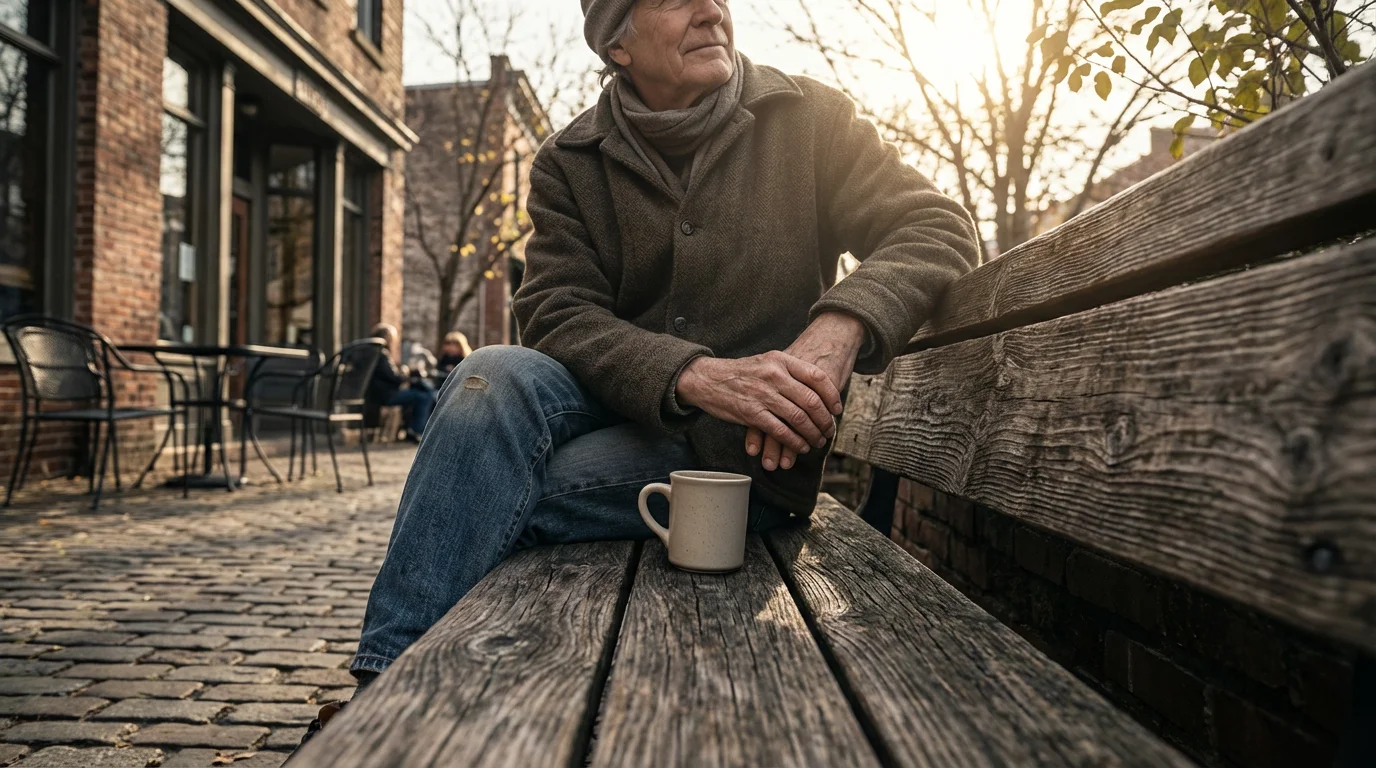 A person sitting on a park bench enjoying soft morning light and coffee during a digital detox.