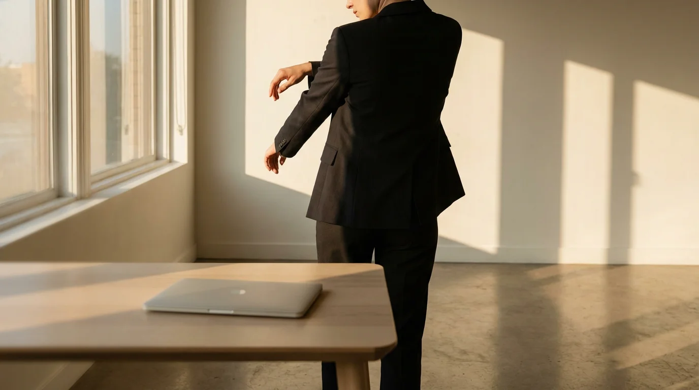 A person stands, stretching their shoulders, taking an intentional break from a modern, sunlit desk.
