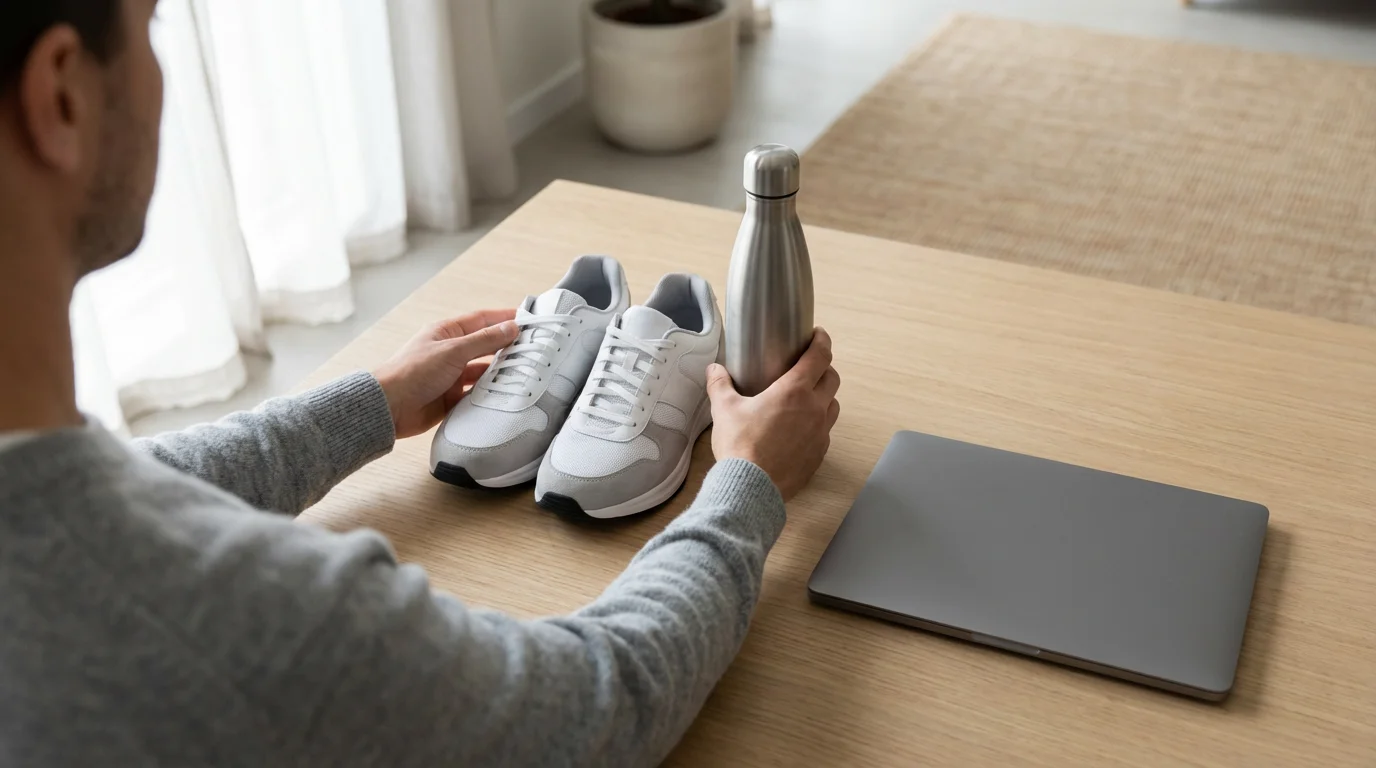 A person strategically places running shoes and a water bottle next to a closed laptop to reduce friction.