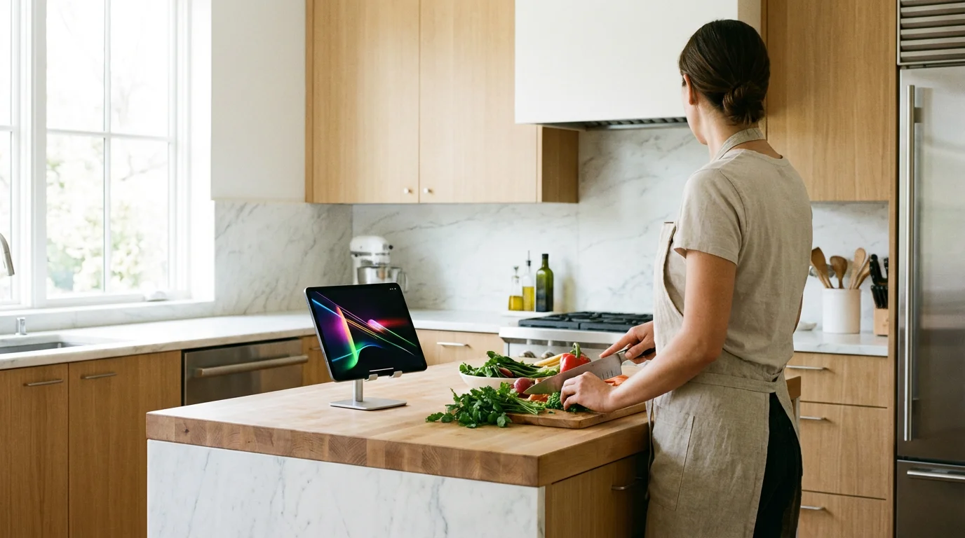 A person using a tablet for a recipe while actively preparing food in a sunlit modern kitchen.