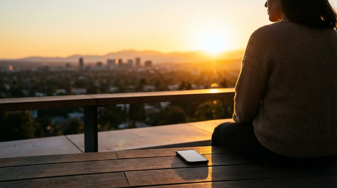 A person watches a golden hour sunset, ignoring a face-down smartphone on a wooden railing.