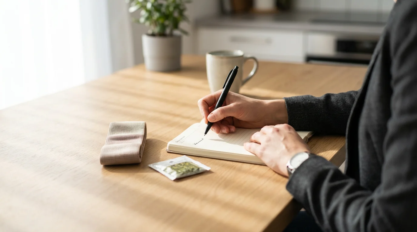A person writing a small scheduled task into a daily planner under soft morning light.
