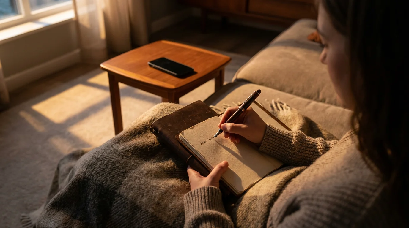 A person writing in a leather journal by moody light, having deliberately put their smartphone aside.