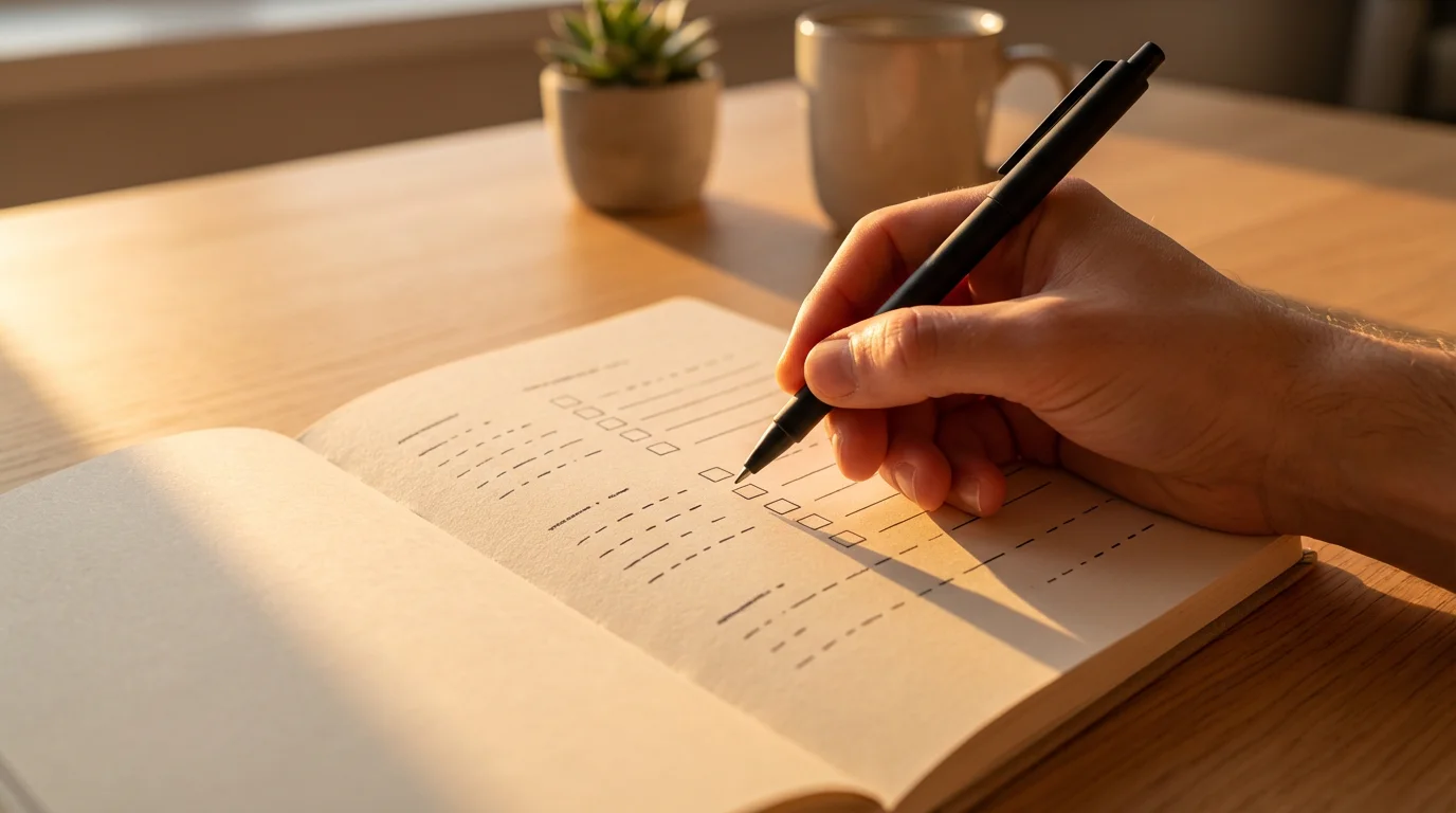 A person's hand checking off completed actions in a journal illuminated by warm golden hour light.