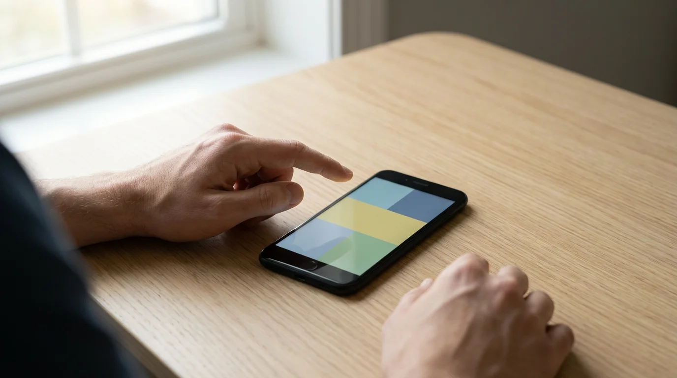 A person's hand hesitates over a glowing smartphone screen, symbolizing intentional pause.