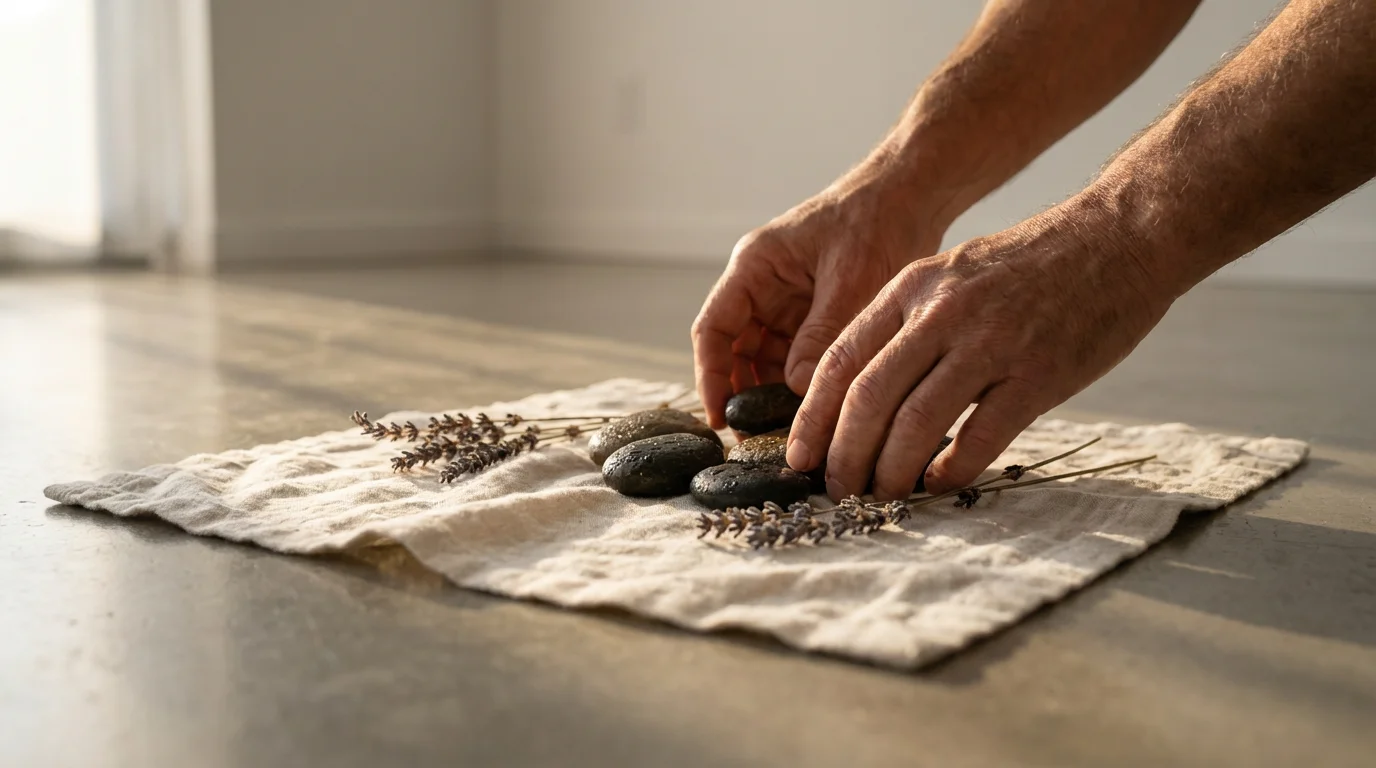 A person's hands mindfully arranging smooth river stones and lavender sprigs on a linen cloth.