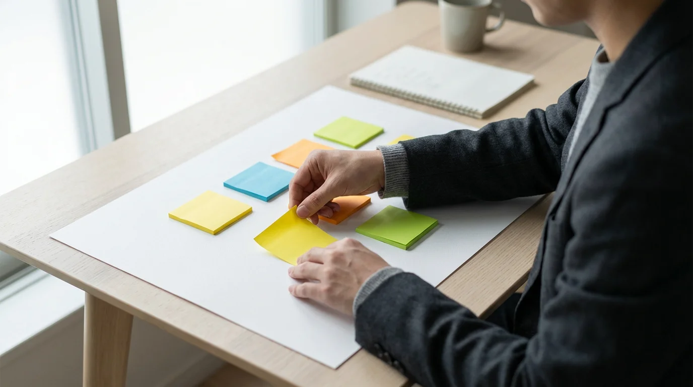 A person's hands organizing colorful sticky notes onto a sheet of paper on a minimalist desk.