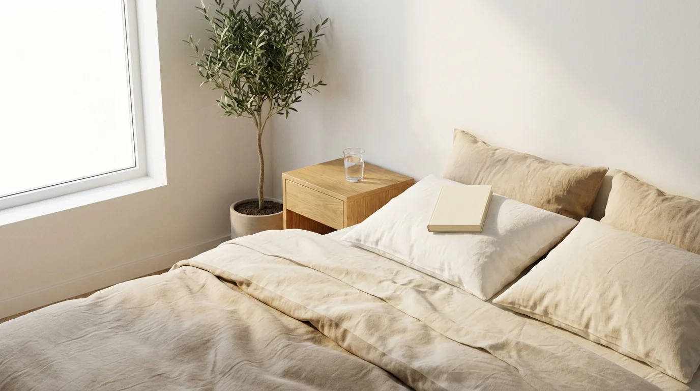 A photograph showing a paperback book placed on a pillow in a clean, sunlit bedroom.