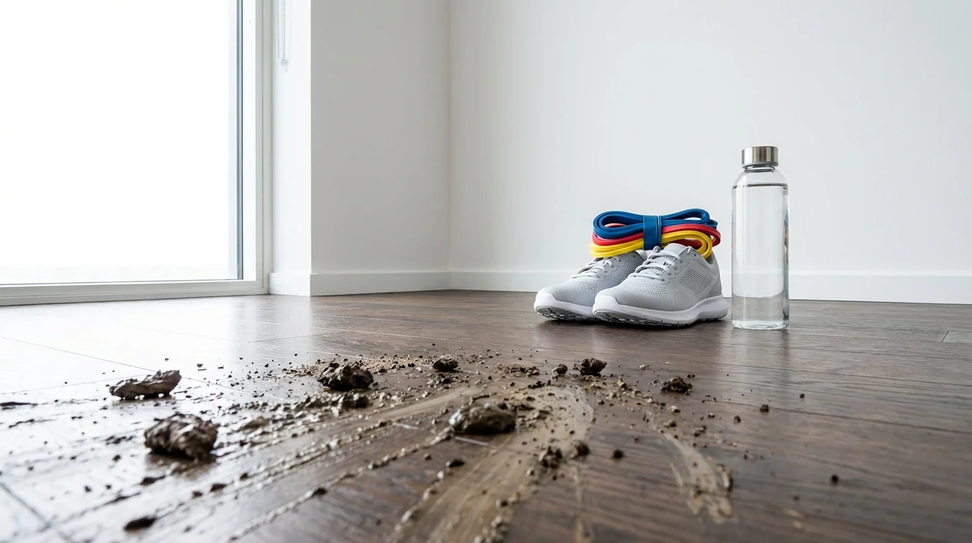A prepared stack of running gear remains clean despite surrounding wet mud.