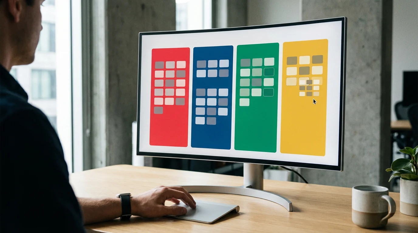 A professional analyzing and categorizing digital notification data into color-coded groups on a monitor.