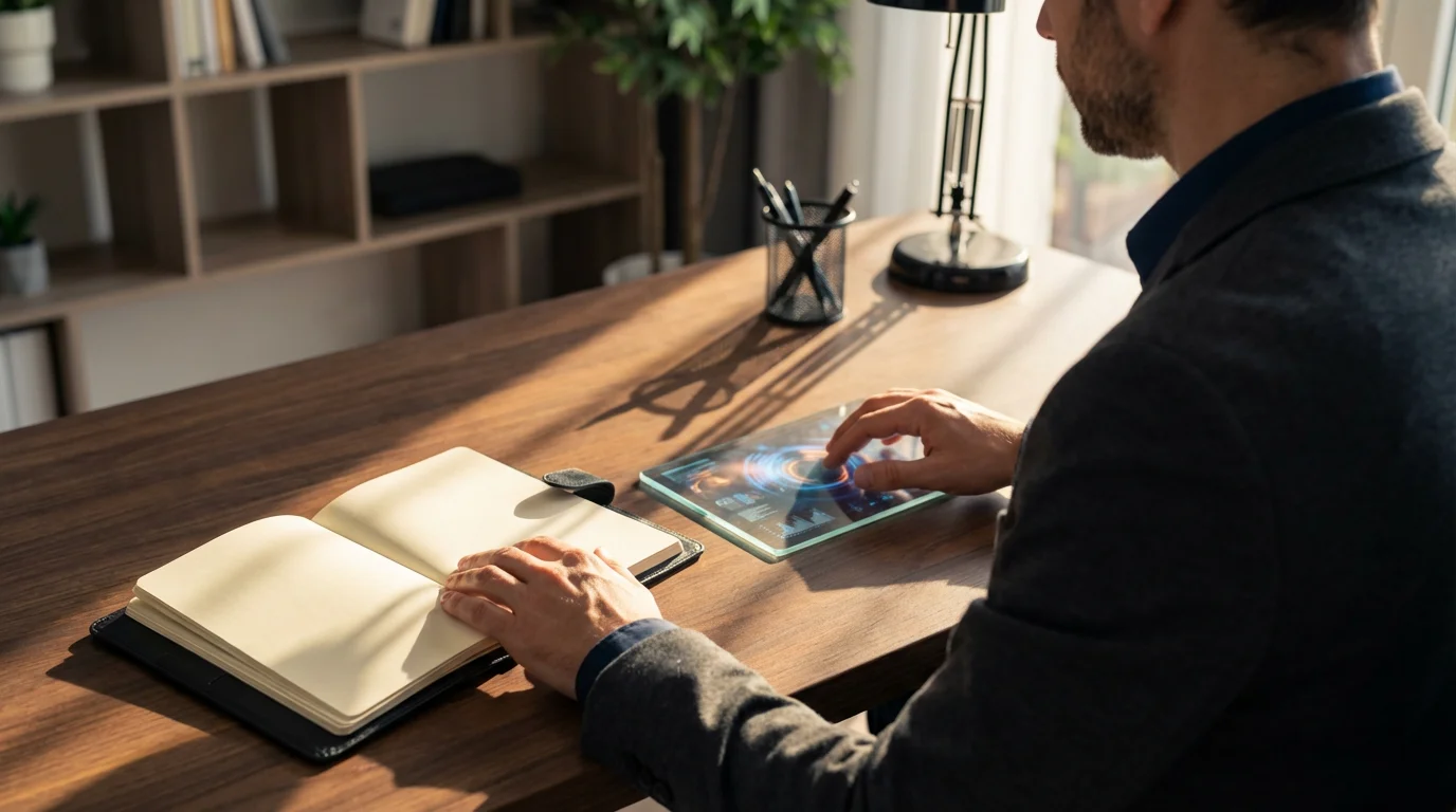 A professional conducting a weekly goal review on a dark desk, illuminated by moody afternoon shadows.