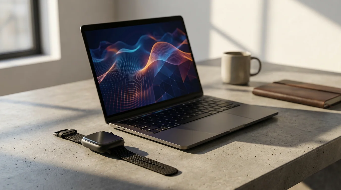 A professional desk featuring a laptop, data charts, and a fitness tracker with dramatic shadows.