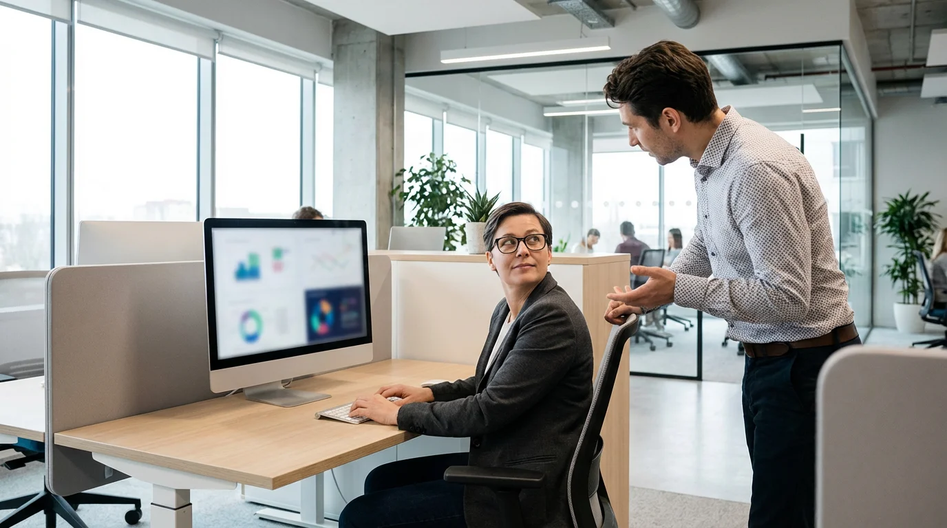 A professional handling an interruption from a coworker in a bright, modern office.